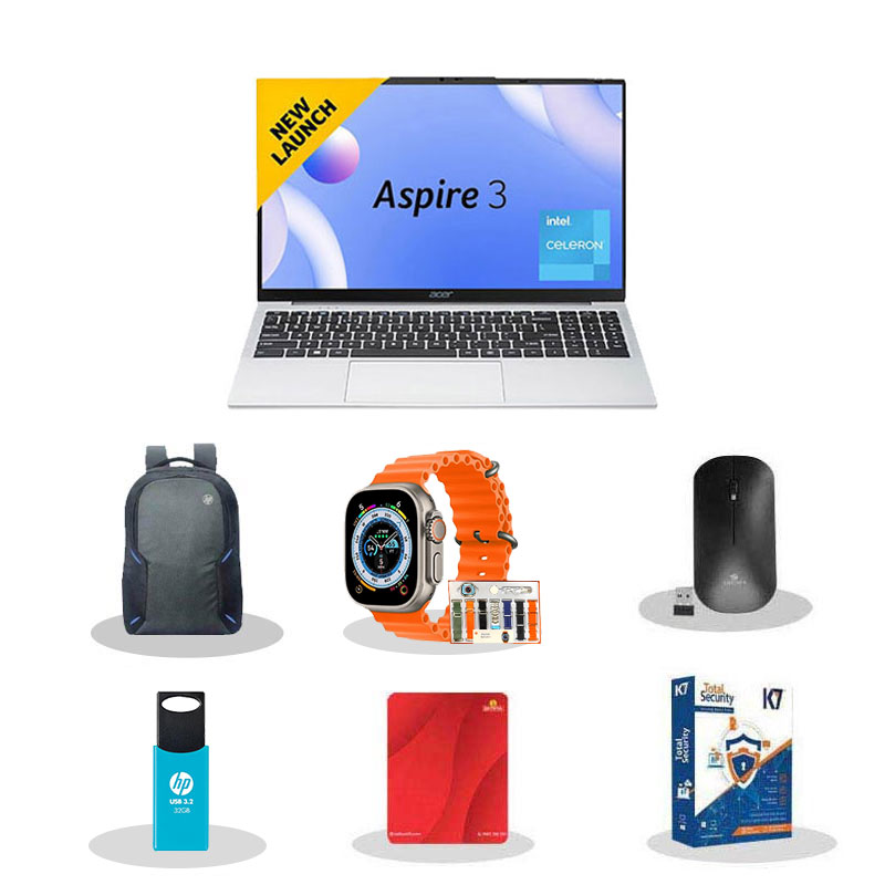 Picture of Acer Aspire 3 - Intel Core Celeron N4500 15.6" (39.63 cm) A325-45 Thin & Light Laptop (8GB/ 512GB SSD/ HD Display/ Windows 11 Home/ MS Office/ 1Year Warranty/ Pure Silver/ 1.5Kg) with Smart Watch (7-in-1 Strap) + Laptop Bag + Wireless Mouse + Mouse Pad + Pendrive + K7 Antivirus Single User