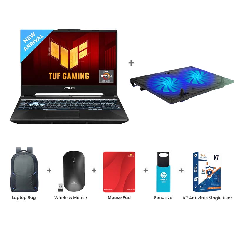 Picture of ASUS TUF Gaming A15 - AMD Ryzen 7 7435HS 15.6" (39.62cm) FA566NFR-HN259W Gaming Laptop 16GB/ 512GB SSD/ Full HD Display/ Windows 11 Home/ NVIDIA GeForce RTX 2050/ 1Year Warranty/ / Graphite Black/ 2.30Kg) Zebronics ZEB-NC3300 USB Powered Laptop Cooling Pad + Laptop Bag + Wireless Mouse + Mouse Pad + Pendrive + K7 Antivirus Single User