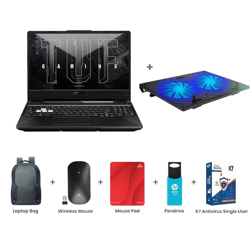 Picture of ASUS TUF Gaming A15 - AMD Ryzen 7 7435HS 15.6" (39.62 cm) FA506NFR-HN259WS Gaming Laptop (16GB/ 512GB SSD/ NVIDIA GeForce RTX 2050/ Windows 11 Home/ 1Year Warranty/ Graphite Black/ 2.30 Kg) Zebronics ZEB-NC3300 USB Powered Laptop Cooling Pad + Laptop Bag + Wireless Mouse + Mouse Pad + Pendrive + K7 Antivirus Single User
