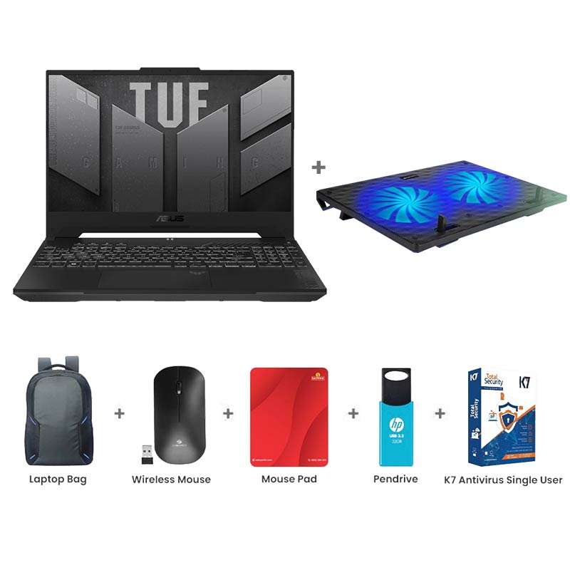 Picture of Asus TUF Gaming F15 - AMD Ryzen 7 7435HS 15.6" (39.62cm) FA566NCR-HN254WS Gaming Laptop (16GB/ 512GB/ Full HD Display/ Windows 11 Home/ NVIDIA GeForce RTX 3050/ Office Home 2024 / 1Year Warranty/ Graphite Black/ 2.30 Kg) Zebronics ZEB-NC3300 USB Powered Laptop Cooling Pad + Laptop Bag + Wireless Mouse + Mouse Pad + Pendrive + K7 Antivirus Single User