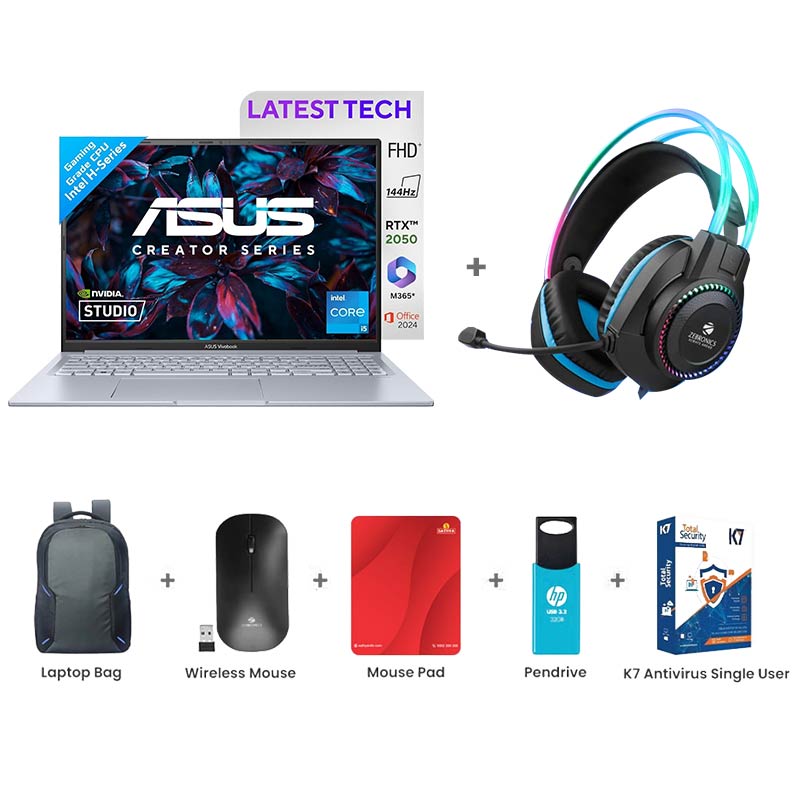 Picture of ASUS Vivobook 16X - Intel Core i5-13420H 16" (40.64 cm) K3605VC-RP413WS Thin & Light Laptop (16GB/ 512GB SSD/ WUXGA Display/ NVIDIA GeForce RTX 3050/ Windows 11 Home/ MS Office/ 1Year Warranty/ Cool Silver/ 1.80 Kg) Zebronics Zeb-Jet Premium Gaming Headphone + Laptop Bag + Wireless Mouse + Mouse Pad + Pendrive + K7 Antivirus Single User