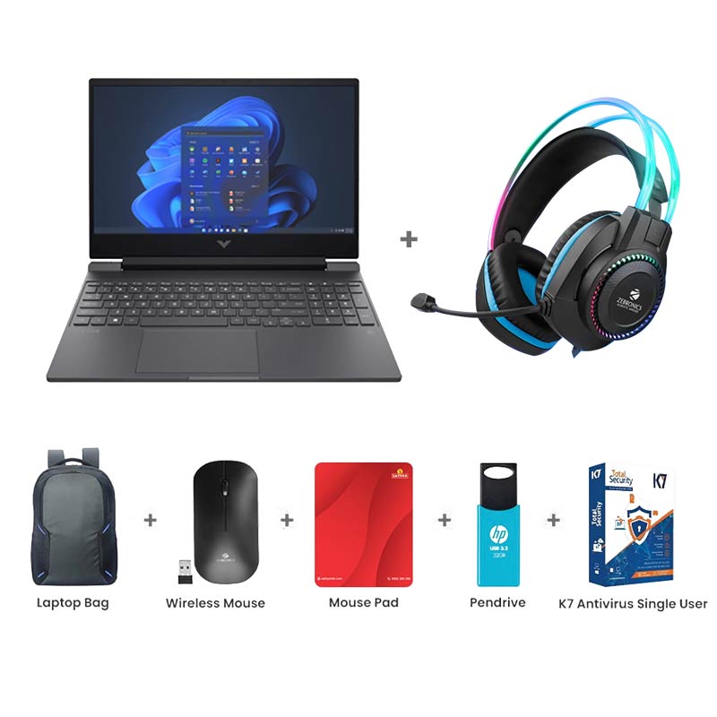 Picture of HP Victus - 13th Gen i5 13420 15.6" (39.6 Cm) FA2701TX Gaming Laptop (16GB/ 512GB SSD/ NVIDIA RTX 4050 6GB/Ethernet port / Backlit Keyboard/ Windows 11 Home/ MS Office 2024/ 1 Year Warranty/ Performance Blue/ 2.4 kg) Zebronics Zeb-Jet Premium Gaming Headphone + Laptop Bag + Wireless Mouse + Mouse Pad + Pendrive + K7 Antivirus Single User