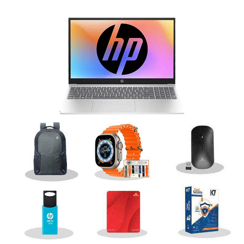 Picture of HP - 13th Gen Intel Core i3-1315U 15.6" (39.6 Cm) 15-fd0465TU Thin & Light Laptop (8GB DDR4/ 512GB NVMe M.2 SSD/ Windows 11 Home/ MS Office 2024/ Micro-Edge/ Anti-Glare 250 nits/ Dual Speakers/ Mic Mute key/ Camera Privacy Shutter / 1Year Warranty/ Silver/ 1.59Kg) with Smart Watch (7-in-1 Strap) + Laptop Bag + Wireless Mouse + Mouse Pad + Pendrive + K7 Antivirus Single User