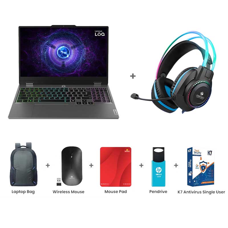 Picture of Lenovo LOQ - Intel Core i5-12450HX 15.6" (39.6cm) 83GS00LHIN Gaming Laptop (12GB/ 512GB SSD/ Full HD Display/ NVIDIA GeForce RTX 2050 4GB/ E-shutter/ IPS 300nits Anti-Glare/ 100% sRGB/ 144Hz/ Office 2024/ 1 Year Warranty/ Luna Grey/ 2.38 Kg) Zebronics Zeb-Jet Premium Gaming Headphone + Laptop Bag + Wireless Mouse + Mouse Pad + Pendrive + K7 Antivirus Single User