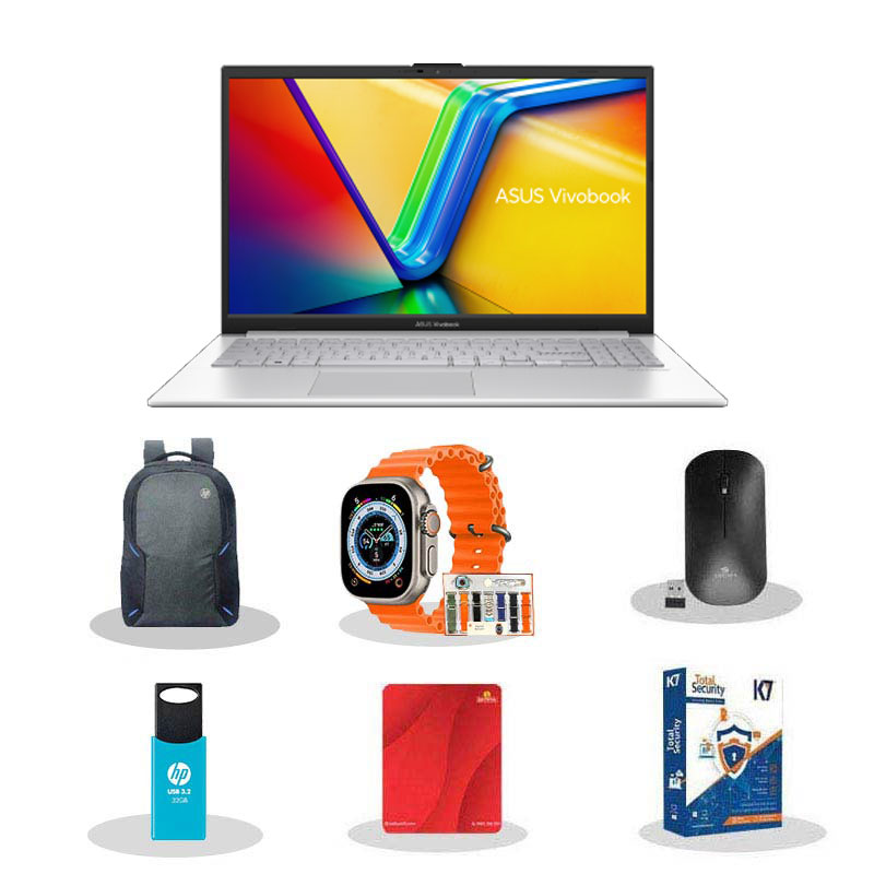 Picture of Asus Vivobook Go 15 - 12th Gen Intel Core i3-N305 15.6" (39.62cm) E1504GA-NJ3321WS Thin & Light Laptop (8GB/ 512GB SSD/ Full HD Display/ Windows 11 Home/ Intel UHD Graphics/ MS Office 2024/ 1 Year Warranty/ Cool Silver/ 1.63 Kg) with Smart watch (7-in-1 Strap) + Laptop Bag + Wireless Mouse + Mouse Pad + Pendrive + K7 Antivirus Single User