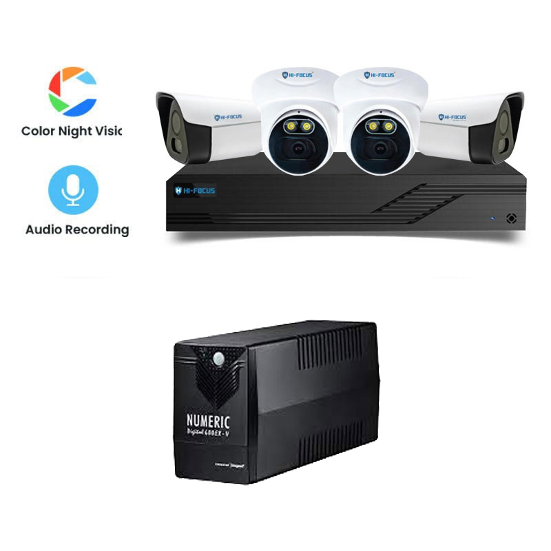 Picture of Hi-Focus 4 CCTV Cameras Combo (2 Indoor & 2 Outdoor CCTV Cameras) (Colour View With Mic)+ 4CH DVR + HDD + Accessories + Power Supply + 90m Cable + NUMERIC 600 EX V UPS