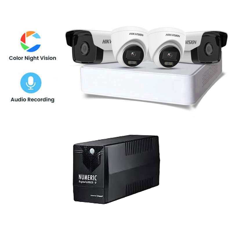 Picture of Hikvision 4 CCTV Cameras Combo (2 Indoor & 2 Outdoor CCTV Cameras) (Colour's View with mic) + 4CH DVR + HDD + Accessories + Power Supply + 90m Cable + NUMERIC 600 EX V UPS