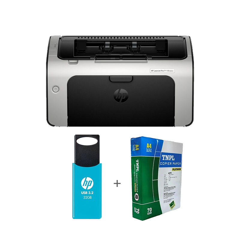 Picture of HP LaserJet Pro P1108 plus Single Function Monochrome Laser Printer (P1108) USB 3.2 32GB Pendrive + A4 Sheet Bundle