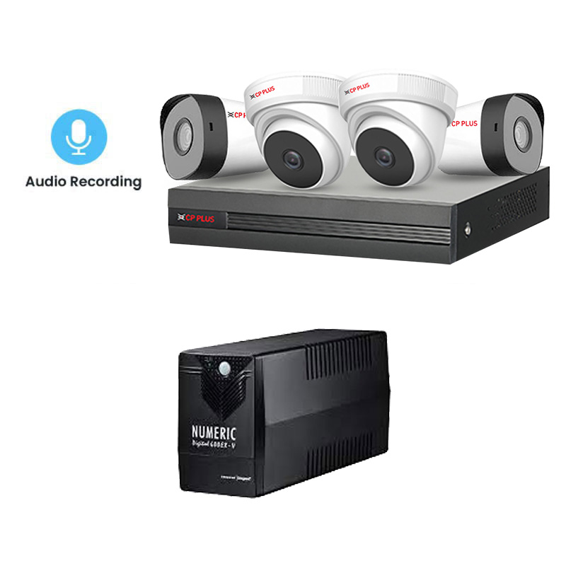 Picture of CP PLUS 4 CCTV Cameras Combo (2 Indoor & 2 Outdoor CCTV Cameras with mic)) + DVR + HDD + Accessories + Power Supply + 90m Cable + NUMERIC 600 EX V UPS