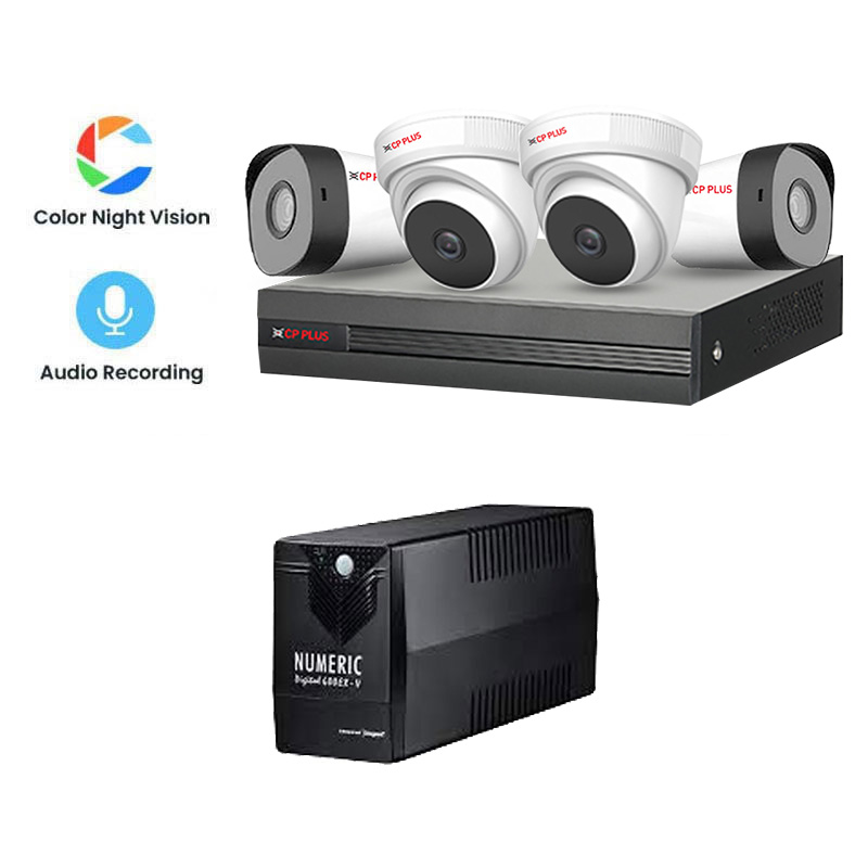 Picture of CP PLUS 4 CCTV Cameras Combo (2 Indoor & 2 Outdoor CCTV Cameras) (Colour's View with mic) + DVR + HDD + Accessories + Power Supply + 90m Cable + NUMERIC 600 EX V UPS