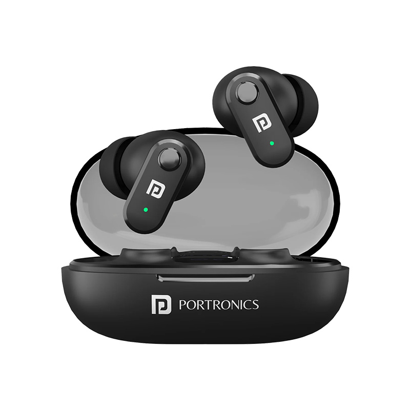 Picture of Portronics Harmonics Twins S16 in Ear Wireless TWS Earbuds (24 Hrs Playtime/ Clear Calls/ Game & Music Mode/ Low Latency/ Bluetooth 5.3v/ LED Display/ Type C Fast Charging/ Black)