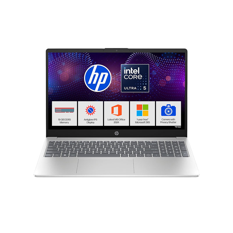 Picture of HP 15 - Intel Core Ultra 5 125H 15.6" (39.6 cm) 15-fd1254TU Thin & Light Laptop  (16GB/ 512GB SSD/ Full HD Display/ Intel Arc Graphics/ Anti-Glare/ Camera Privacy Shutter/ Windows 11 Home/ MS Office/ 1 Year Warranty/ Silver/ 1.65kg)