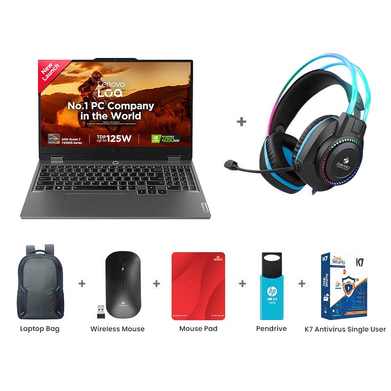 Picture of Lenovo LOQ - AMD Ryzen 7 7435HS 15.6" (39.6cm) 83JC00EGIN Gaming Laptop (24GB/ 512GB SSD/ Windows 11 Home/ NVIDIA GeForce RTX 4050 6GB/ Office 2024/ 1 Year Warranty/ Luna Grey/ 2.38 kg) Zebronics Zeb-Jet Premium Gaming Headphone + Laptop Bag + Wireless Mouse + Mouse Pad + Pendrive + K7 Antivirus Single User