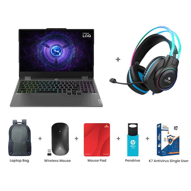 Picture of Lenovo LOQ - 13th Gen Intel Core i5-13450HX 15.6" (39.62cm) 83DV00KUIN Gaming Laptop (24GB/ 512GB SSD/ NVIDIA GeForce RTX 3050 6GB/ Full HD Display/ Windows 11 Home / MSO 2021/ 1Year Warranty/ Luna Grey/ 2.4Kg)  Zebronics Zeb-Jet Premium Gaming Headphone + Laptop Bag + Wireless Mouse + Mouse Pad + Pendrive + K7 Antivirus Single User
