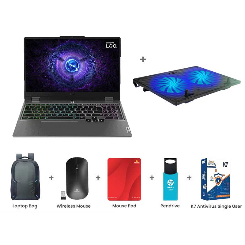 Picture of Lenovo LOQ - 13th Gen Intel Core i5-13450HX 15.6" (39.62cm) 83DV00KUIN Gaming Laptop (24GB/ 512GB SSD/ NVIDIA GeForce RTX 3050 6GB/ Full HD Display/ Windows 11 Home / MSO 2021/ 1Year Warranty/ Luna Grey/ 2.4Kg)  Zebronics ZEB-NC3300 USB Powered Laptop Cooling Pad + Laptop Bag + Wireless Mouse + Mouse Pad + Pendrive + K7 Antivirus Single User