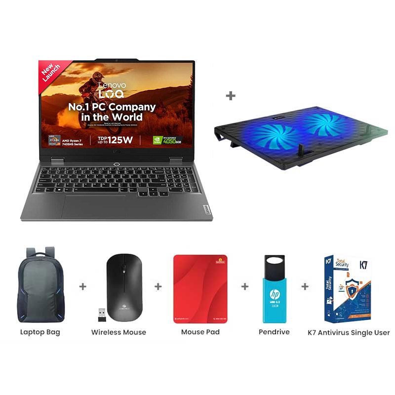 Picture of Lenovo LOQ - AMD Ryzen 7 7435HS 15.6" (39.6cm) 83JC00EGIN Gaming Laptop (24GB/ 512GB SSD/ Windows 11 Home/ NVIDIA GeForce RTX 4050 6GB/ Office 2024/ 1 Year Warranty/ Luna Grey/ 2.38 kg) Zebronics ZEB-NC3300 USB Powered Laptop Cooling Pad + Laptop Bag + Wireless Mouse + Mouse Pad + Pendrive + K7 Antivirus Single User