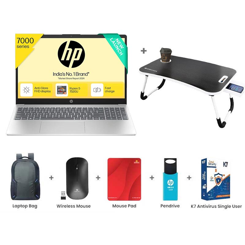 Picture of HP 15 - AMD Ryzen 5 7530U 15.6" (39.6cm) 15-fc0389AU Gaming Laptop (16GB/ 512GB SSD/  Full HD Display/ AMD Radeon Graphics/  Windows 11 Home/ Anti Glare/ MS Office 2024/1 Year Warranty/ Natural Silver/ 1.59kg) with Laptop Table + Laptop Bag + Wireless Mouse + Mouse Pad + Pendrive + K7 Antivirus Single User