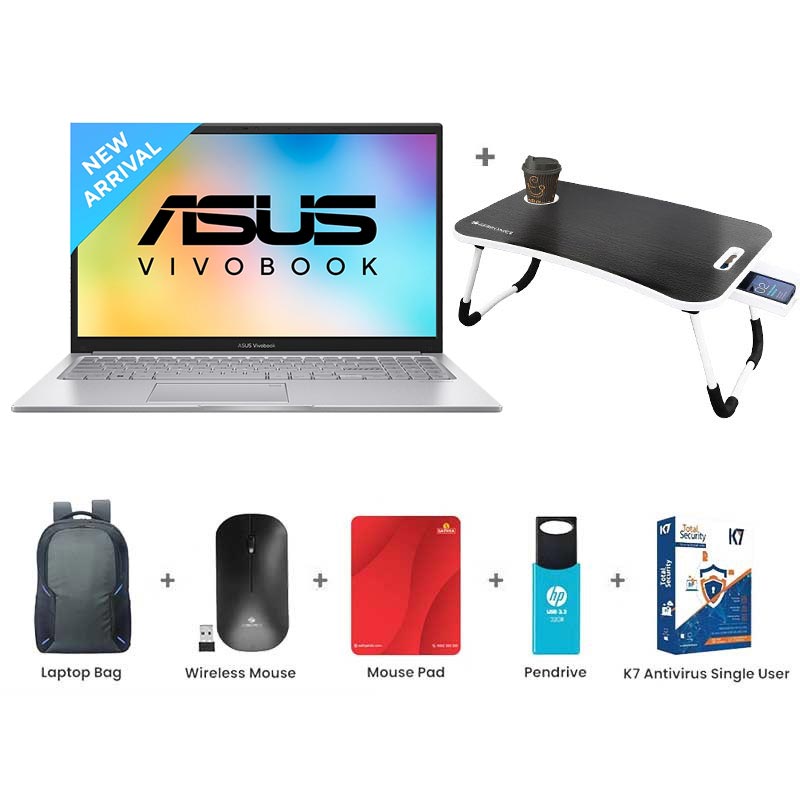 Picture of Asus Vivobook 15 (2025) - 13th Gen Intel Core i3-1315U 15.6" (39.62cm) X1504VA-NJ2324WS Thin and Light Laptop (16GB/ 512GB SSD/ Full HD Display/ Intel UHD Graphics/ Windows 11 Home/ Office Home 2024/ 1 Year Warranty/ Cool Silver/ 1.70 kg) with Laptop Table + Laptop Bag + Wireless Mouse + Mouse Pad + Pendrive + K7 Antivirus Single User